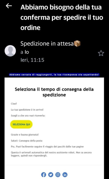 Attenzione alle mail per pacchi non consegnati, è phishing